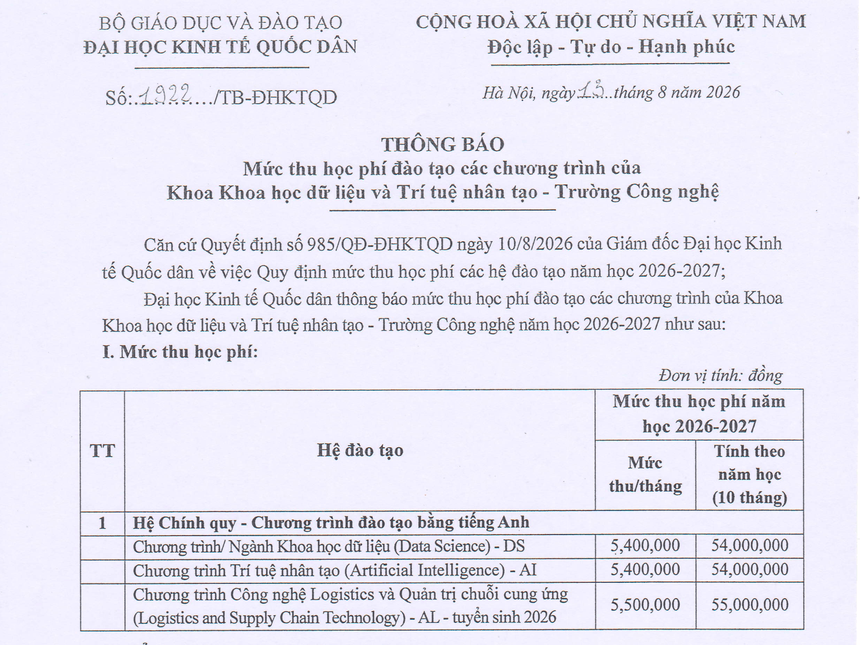 Đại học Kinh tế quốc dân thông báo mức thu học phí đào tạo các chương trình của Khoa KHDL&TTNT – Trường Công nghệ